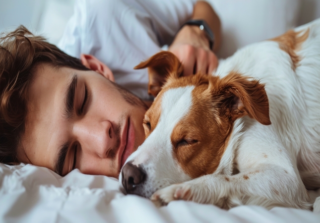 man-resting-in-bed-with-brown-and-white-dog 47023595